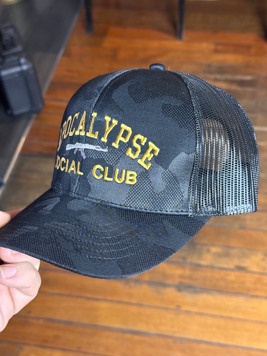 Apocalypse Social Club Golden Embroidered Dark Night Camo Trucker Cap
